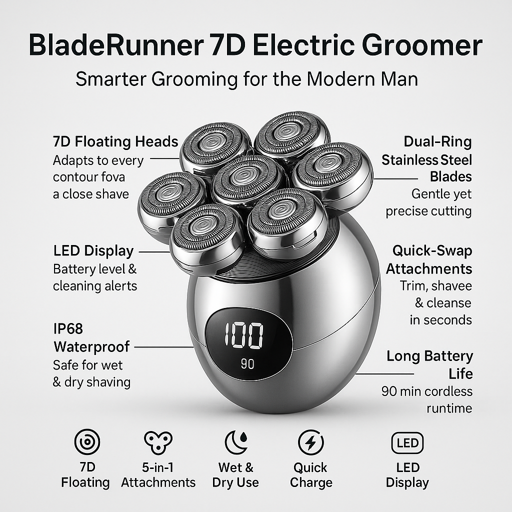 BladeRunner 7D Electric Shaver – 5-in-1 Grooming Kit for Men