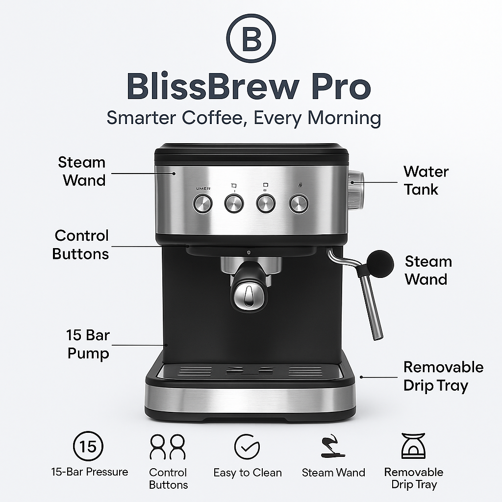 BlissBrew Pro 15 Bar Espresso Coffee Machine