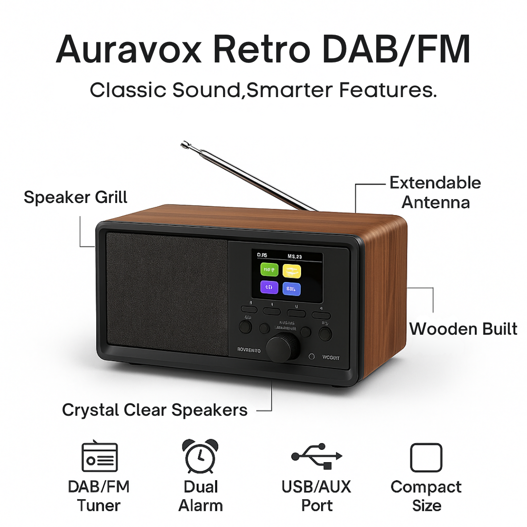 Auravox Retro DAB/FM Wooden Radio with Alarm & USB/AUX