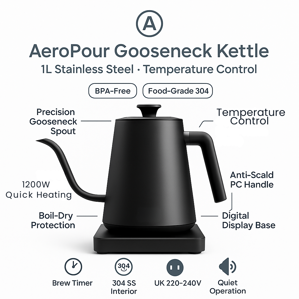 AeroPour Gooseneck Kettle – 1L Stainless Steel, Temp Control