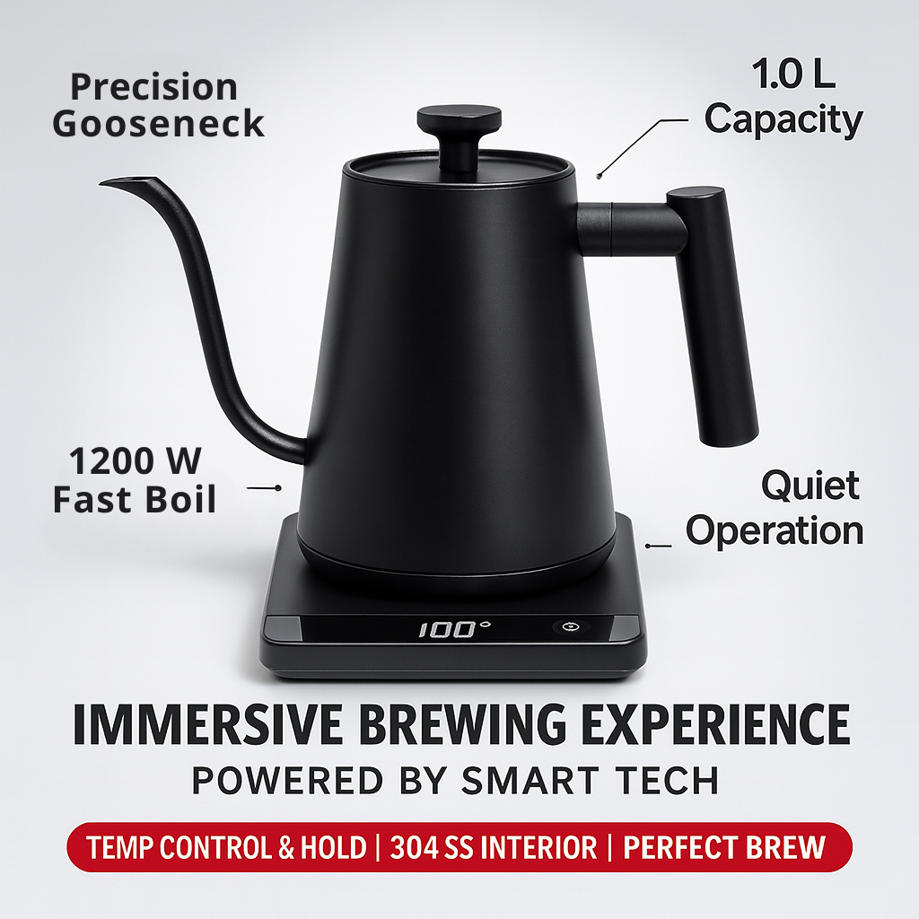 AeroPour Gooseneck Kettle – 1L Stainless Steel, Temp Control