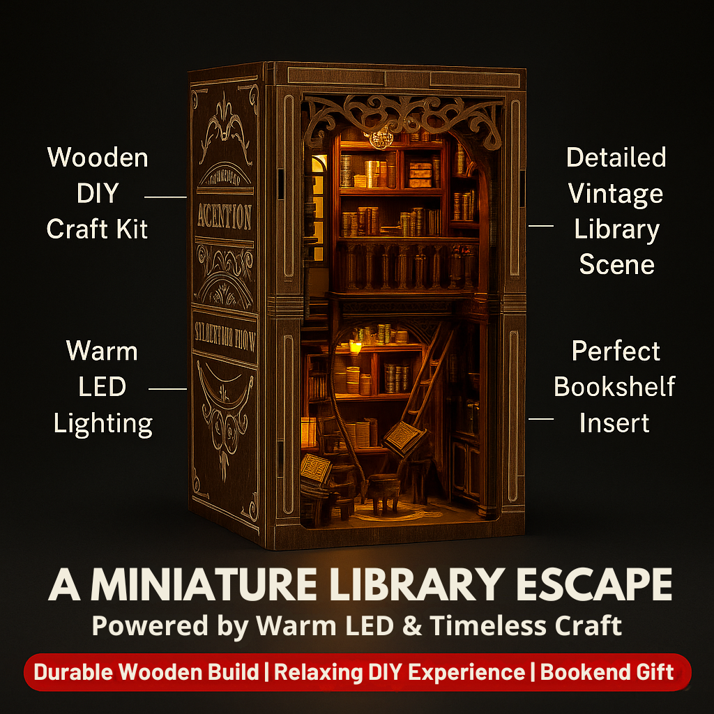 Oakfire Atelier – DIY Wooden Book Nook Kit with Light, Miniature Bookshelf Insert