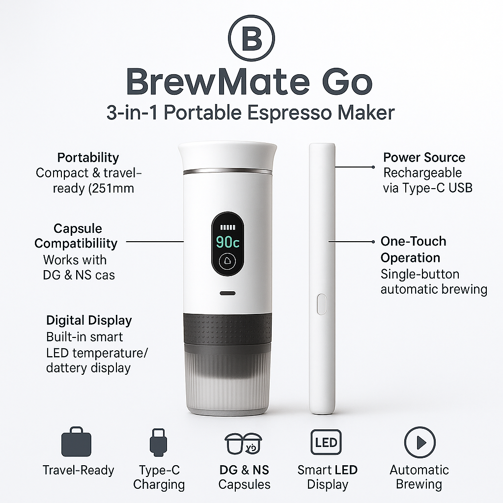 BrewMate Go 3-in-1 Portable Espresso Maker