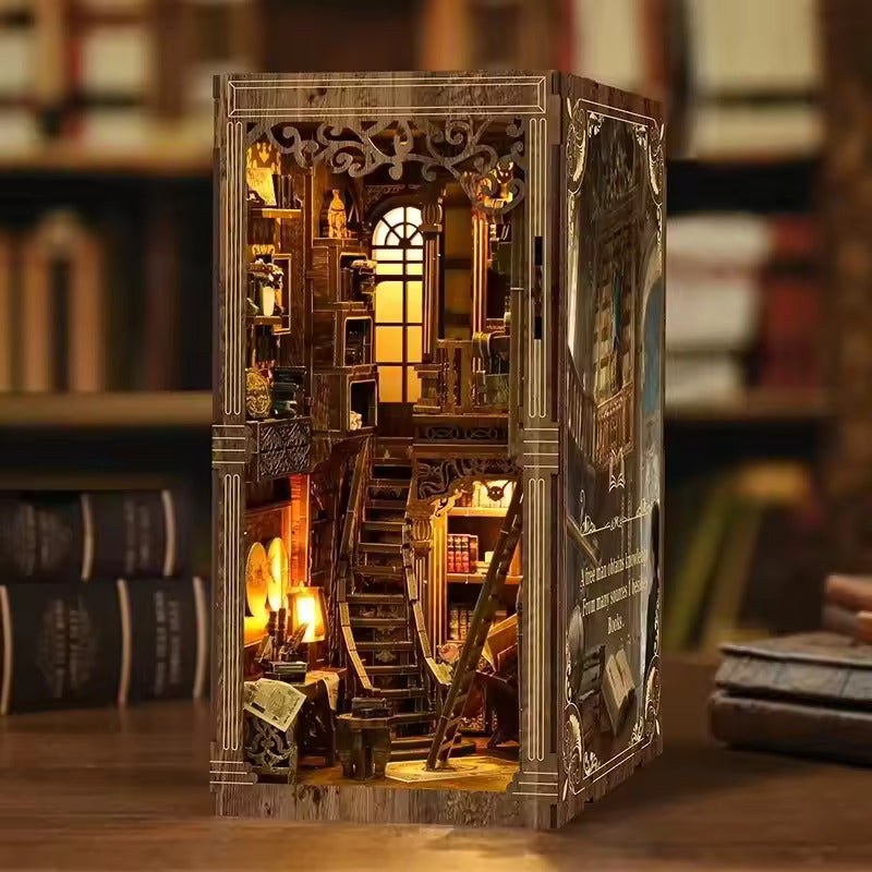 Oakfire Atelier – DIY Wooden Book Nook Kit with Light, Miniature Bookshelf Insert