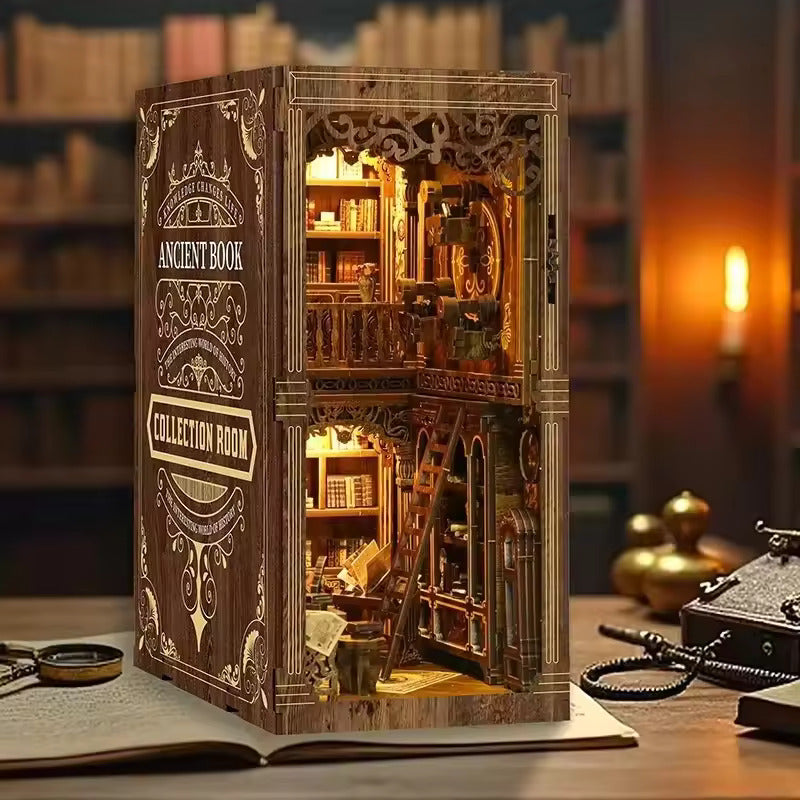 Oakfire Atelier – DIY Wooden Book Nook Kit with Light, Miniature Bookshelf Insert