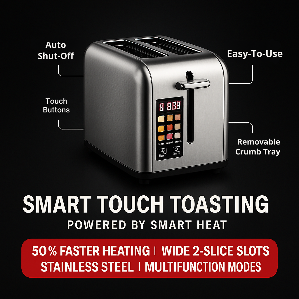 CrispEdge Digital Toaster – 2-Slice LCD Touch, Fast Heating & Wide Slots