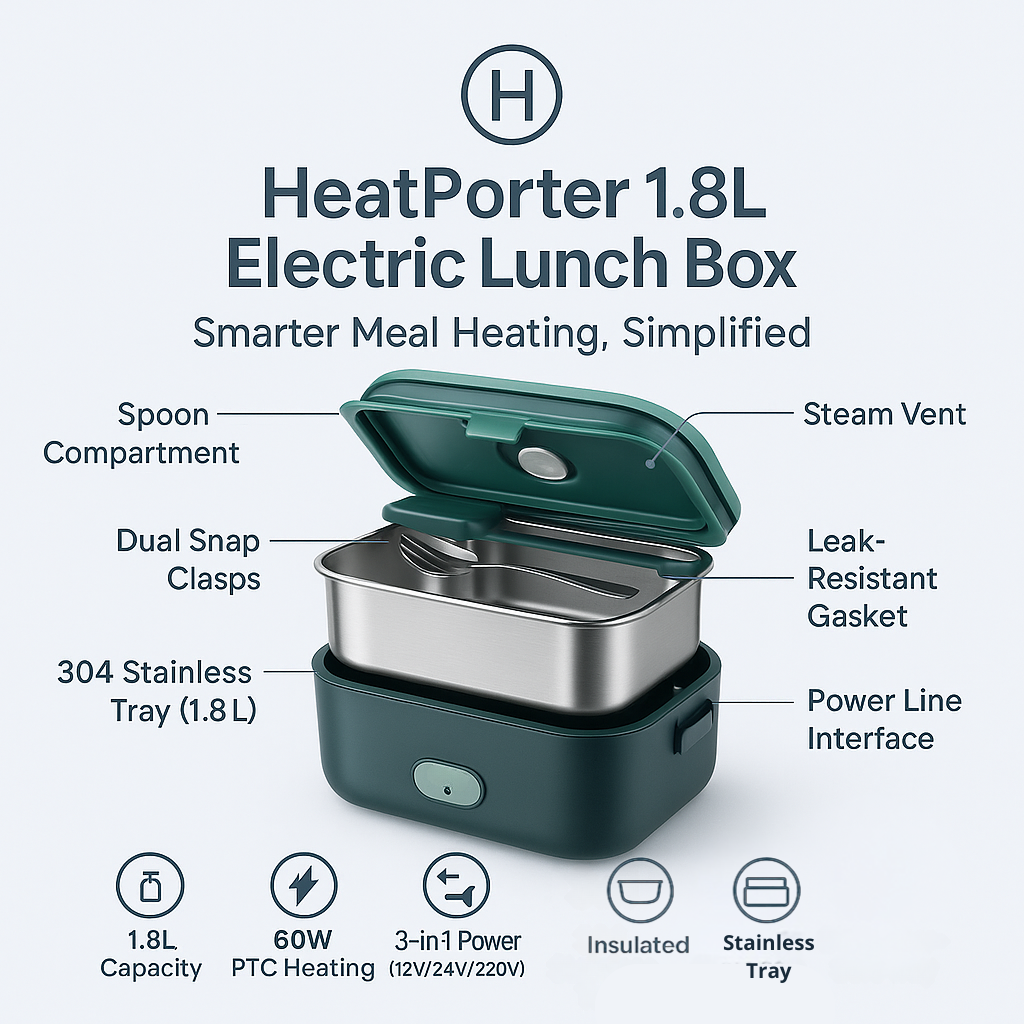 HeatPorter 1.8L Electric Heated Lunch Box – Car, Office & Travel Food Warmer