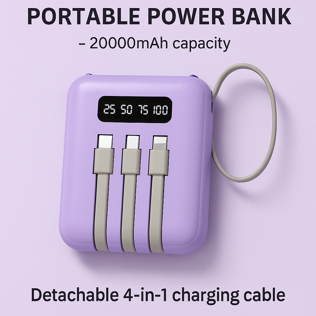 Trailcore PowerBank 20000mAh – Compact Fast-Charging with 4-in-1 Cable