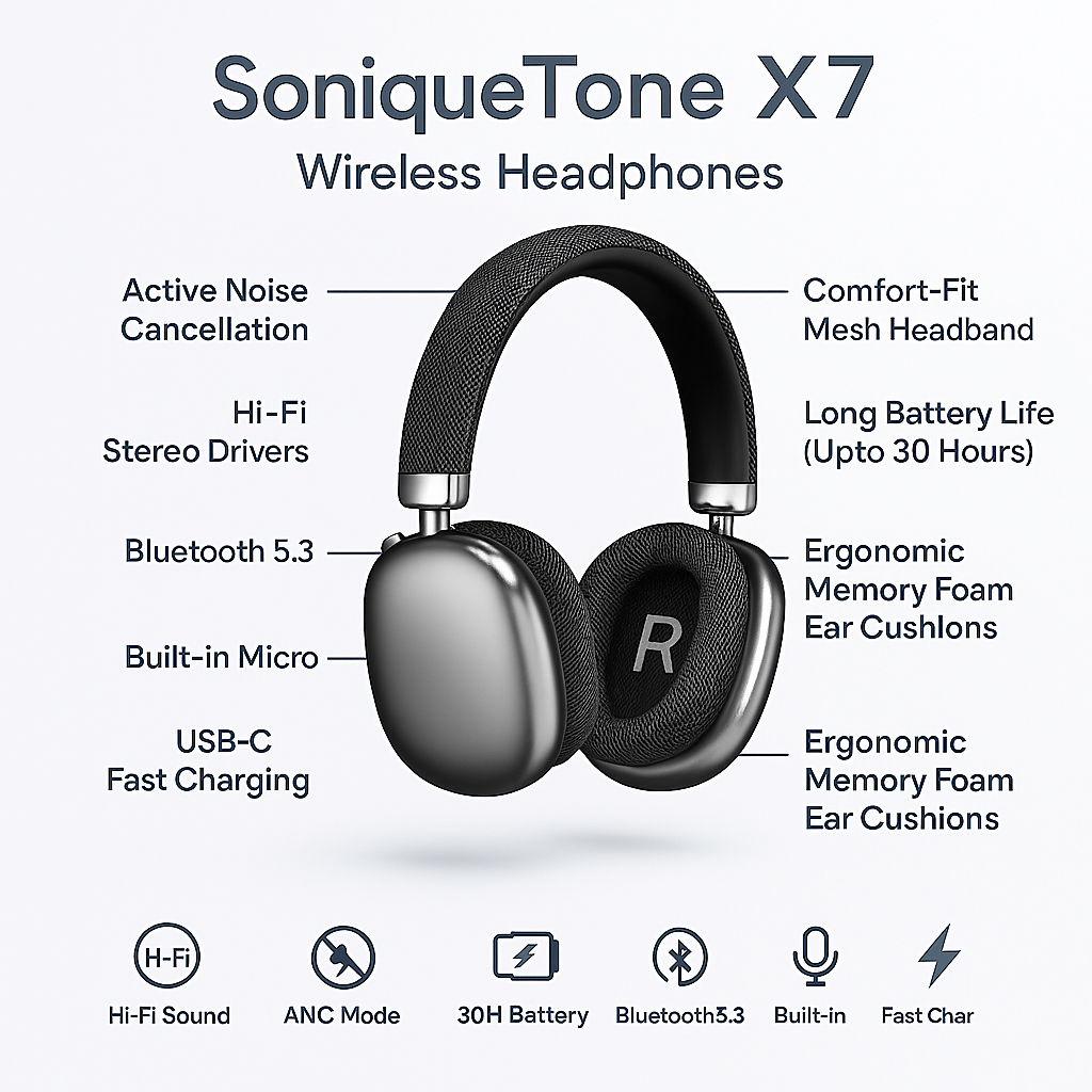 SoniqueTone X7 Wireless Headphones – HiFi Sound, ANC & All-Day Comfort