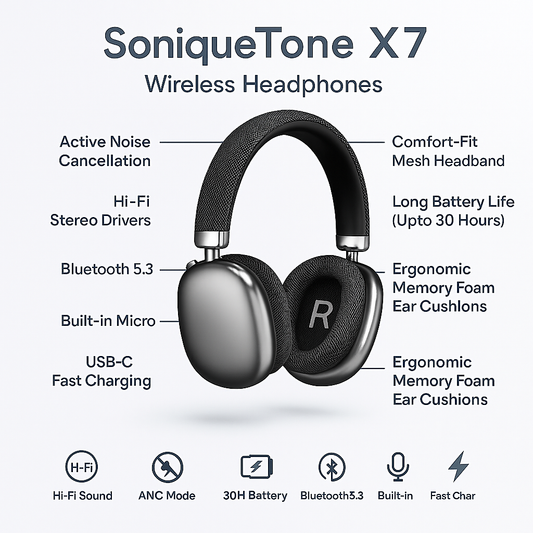 SoniqueTone X7 Wireless Headphones – HiFi Sound, ANC & All-Day Comfort