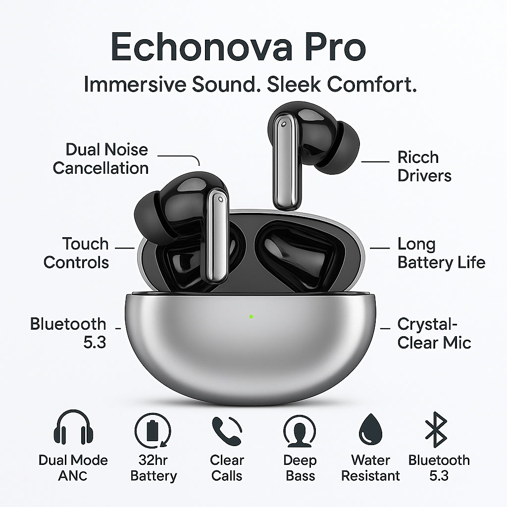 EchoNova Pro Earbuds – Dual Noise Cancellation, Rich Sound & All-Day Comfort