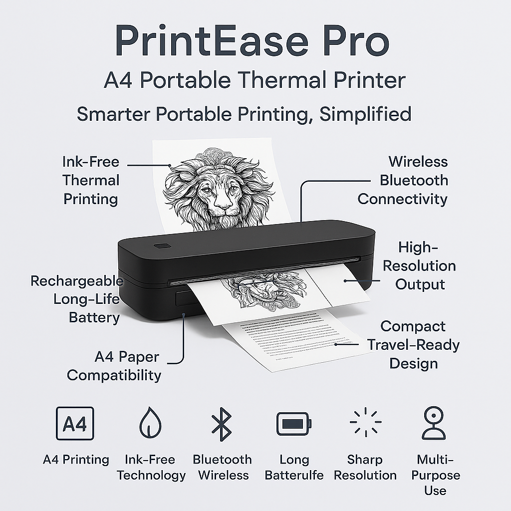 PrintEase Pro A4 Portable Thermal Printer – Wireless Inkless Bluetooth Printing
