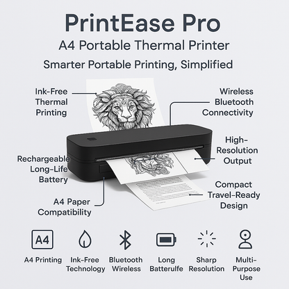 PrintEase Pro A4 Portable Thermal Printer – Wireless Inkless Bluetooth Printing