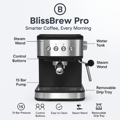 BlissBrew Pro 15 Bar Espresso Coffee Machine