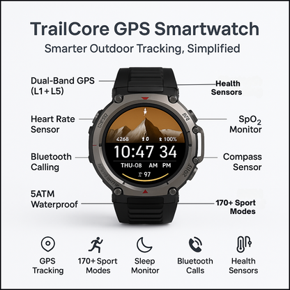 TrailCore GPS Smartwatch with Dual-Band GPS & Sports Modes