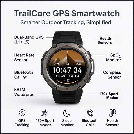 TrailCore GPS Smartwatch with Dual-Band GPS & Sports Modes