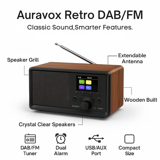 Auravox Retro DAB/FM Wooden Radio with Alarm & USB/AUX