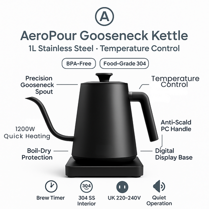 AeroPour Gooseneck Kettle – 1L Stainless Steel, Temp Control
