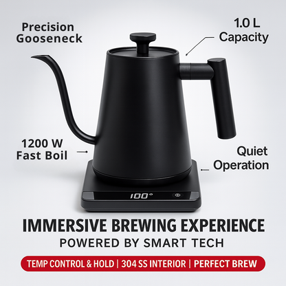 AeroPour Gooseneck Kettle – 1L Stainless Steel, Temp Control