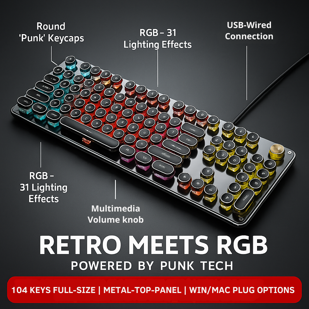 GearForge Retro Gaming Keyboard – Steampunk Design, LED Backlit