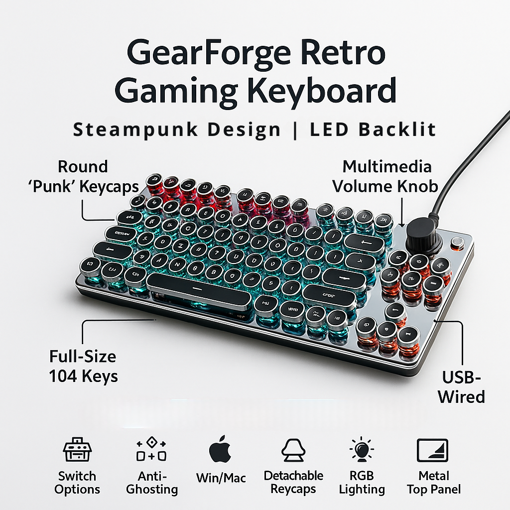 GearForge Retro Gaming Keyboard – Steampunk Design, LED Backlit