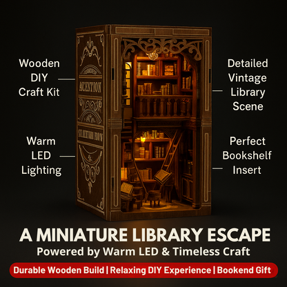 Oakfire Atelier – DIY Wooden Book Nook Kit with Light, Miniature Bookshelf Insert