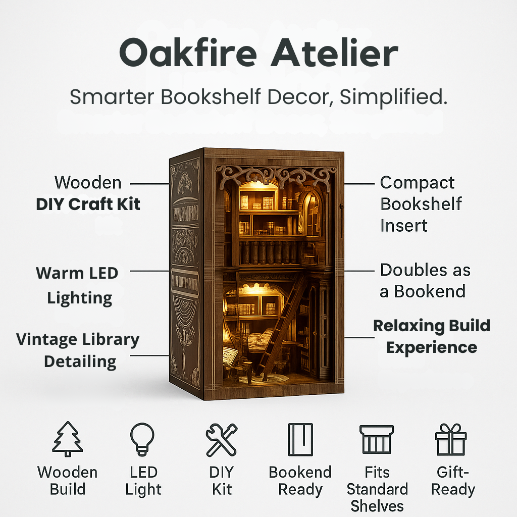 Oakfire Atelier – DIY Wooden Book Nook Kit with Light, Miniature Bookshelf Insert