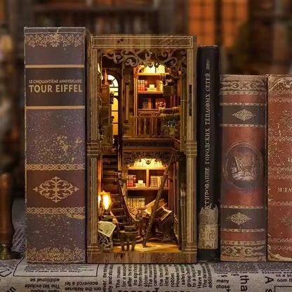 Oakfire Atelier – DIY Wooden Book Nook Kit with Light, Miniature Bookshelf Insert