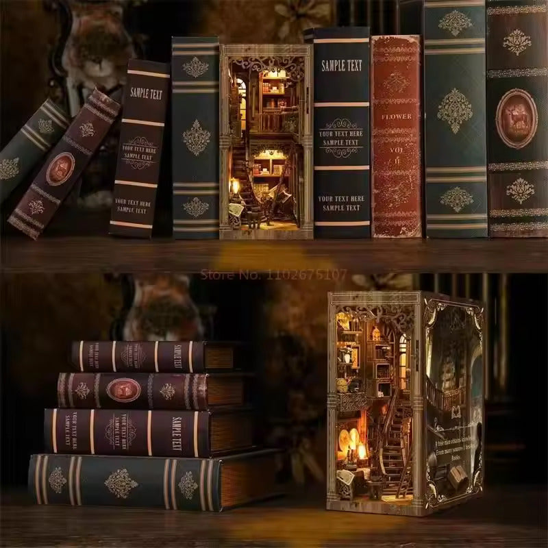 Oakfire Atelier – DIY Wooden Book Nook Kit with Light, Miniature Bookshelf Insert