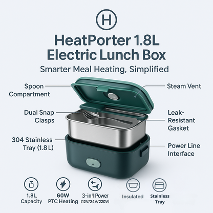 HeatPorter 1.8L Electric Heated Lunch Box – Car, Office & Travel Food Warmer