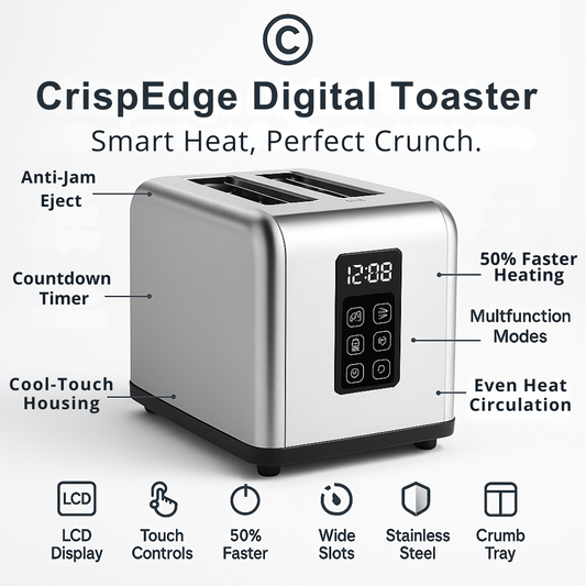 CrispEdge Digital Toaster – 2-Slice LCD Touch, Fast Heating & Wide Slots